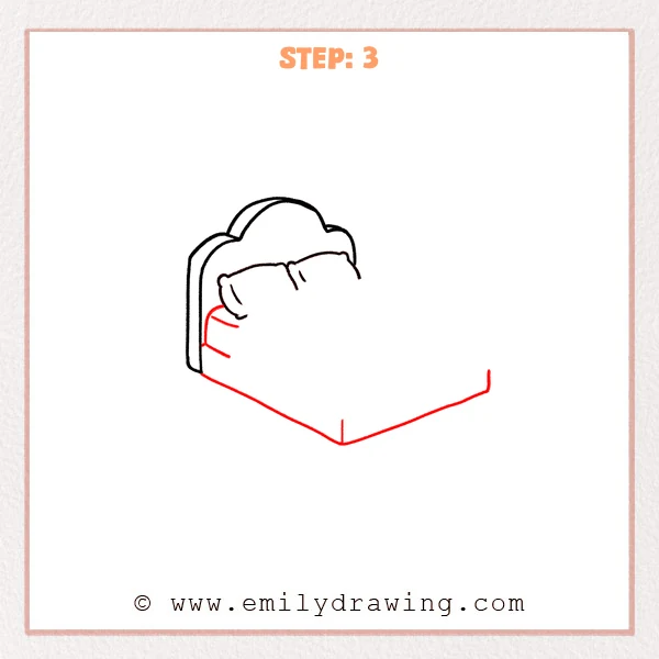 how to draw a cartoon bed - Cartoon bed drawing with a cloud-like headboard, two pillows, and a long mattress and bed base extending to the right in simple perspective.